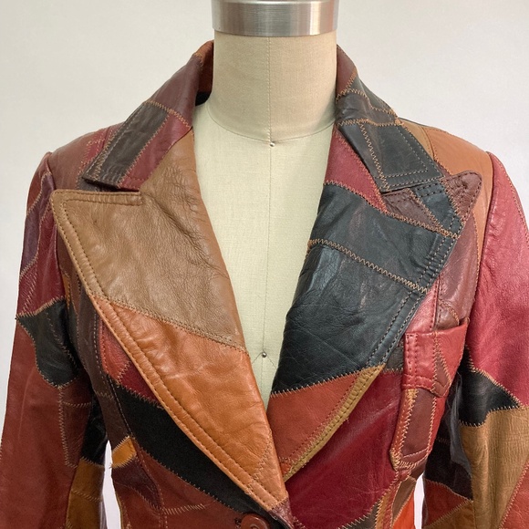 Vintage 70s Leather Patchwork FITTED Jacket | Oxblood, Toffee, Blue, Gray - Picture 1 of 16